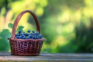 Wall Mural - A wicker basket brimming with fresh blueberries sits on a wooden table with a blurred green garden backdrop and space for text