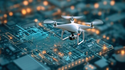 Poster - High-Tech Drone Captured in Flight Above Futuristic Circuit Board with Digital Connections, Exploring the Frontiers of Aerial Technology and Innovation
