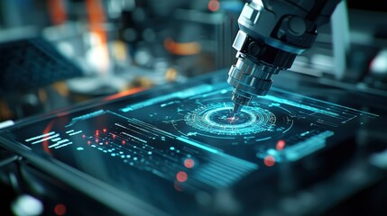 Poster - Advanced robotic arm interacting with digital interface, showcasing cutting-edge technology and innovation in automation and smart manufacturing processes in a futuristic environment