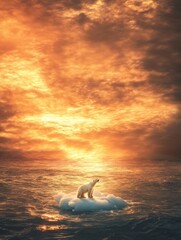 Fototapete - Lonely polar bear on a melting ice floe during a vibrant sunset over the ocean. Generative AI
