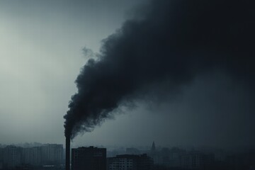 Poster - Industrial chimneys release thick black smoke into a gray sky over a city on a cloudy day. Generative AI