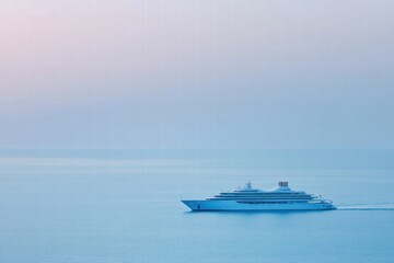 Poster - Luxury cruise ship gliding peacefully over calm sea during serene twilight hours. Generative AI