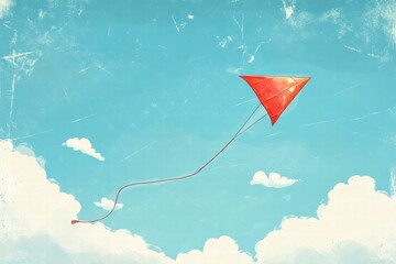Poster - Red kite soaring in a bright blue sky surrounded by fluffy clouds and open space perfect for creative projects. Generative AI