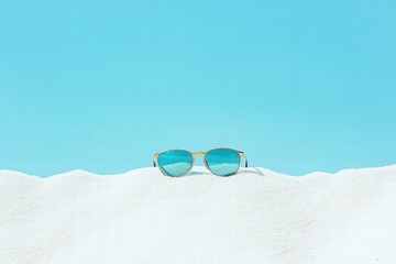 Aufkleber - Elegant sunglasses resting on white sand under a clear blue sky during a sunny day at the beach. Generative AI