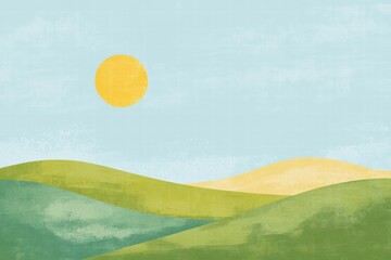 Poster - Landscape with rolling hills and bright sun in a naive art style for creative mock up with ample copy space. Generative AI
