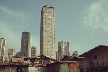 Aufkleber - Luxury skyscraper stands tall beside rundown shacks in a contrasting urban landscape. Generative AI