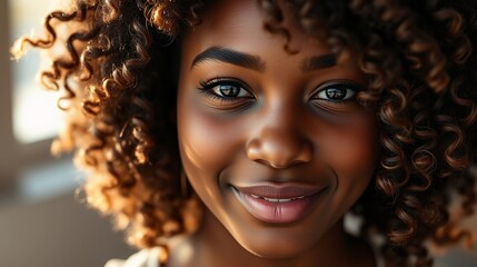 Wall Mural - Close-Up Portrait of a Smiling Young Woman with Natural Curly Hair