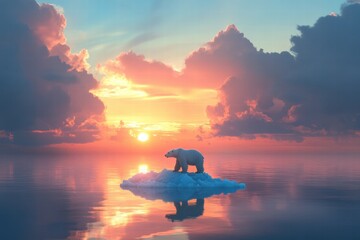 Fototapete - Lonely polar bear stands on melting ice floe at sunset reflecting on climate change and habitat loss. Generative AI