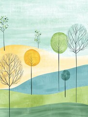 Poster - Colorful naive art style landscape featuring trees, hills, and open space for creative text placement. Generative AI