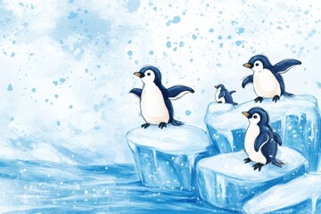 Poster - Playful penguins enjoying their time on floating icebergs in a chilly blue ocean. Generative AI