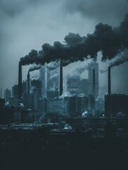 Poster - Industrial chimneys release thick black smoke into gray sky in urban landscape during overcast weather. Generative AI