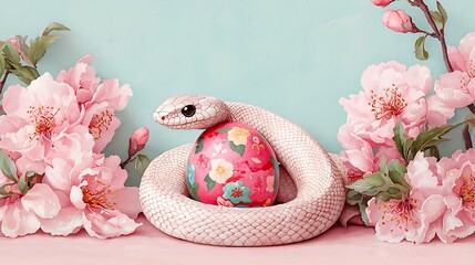 Wall Mural - Pink snake coiled around a pink floral decorated egg, surrounded by pink cherry blossoms on a pink and blue background.