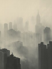 Aufkleber - Dense smog covers a sprawling city skyline obscuring buildings and landmarks during early morning hours. Generative AI