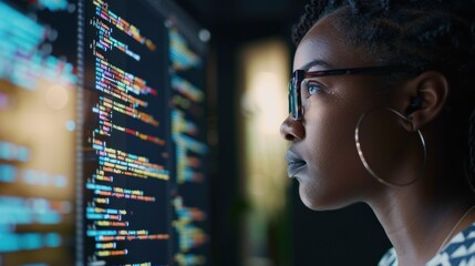 African woman staring seriously at the monitor screen.