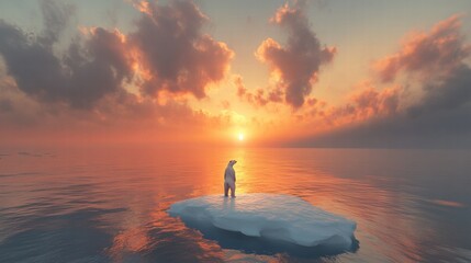 Fototapete - Lonely polar bear stands on a small melting ice floe at sunset in the Arctic Ocean with reflections. Generative AI