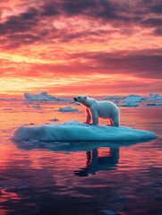 Poster - Lonely polar bear on melting ice floe at sunset with vibrant sky and tranquil waters. Generative AI