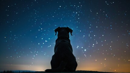 sitting dog seen from behind while looking at the stars in the sky.