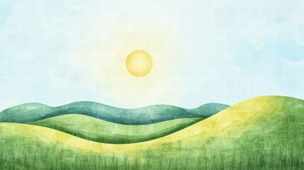 Poster - Bright sun shining over rolling green hills in a naive art style landscape with space for text and mockup. Generative AI