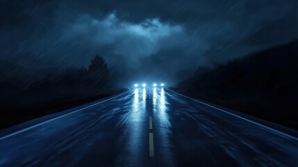 Poster - Vibrant lights streak across a dark and rainy road under a cloudy night sky. Generative AI
