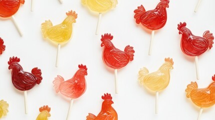 Leinwandbilder - Colorful rooster shaped lollipops with vibrant hues on a white background for creative mockup design. Generative AI