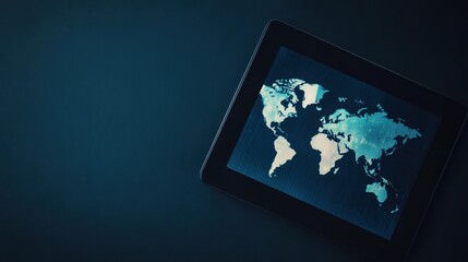Poster - Modern flat lay featuring a tablet with a world map against a dark background for mock up and text placement. Generative AI