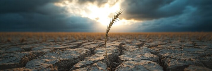 Poster - Barren field with a single stalk of withered wheat under a dramatic sky at dusk. Generative AI