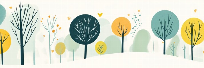 Aufkleber - Colorful naive art style landscape with trees creating a whimsical backdrop for creative projects and text placement. Generative AI