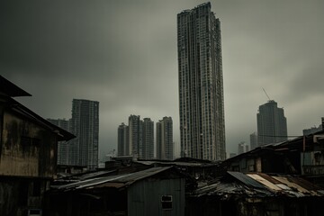 Aufkleber - Contrasting luxury skyscraper beside deteriorating shanties in a sprawling urban landscape. Generative AI