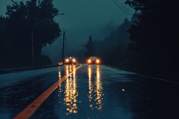Aufkleber - Bright streaks of car lights on wet night road with surrounding trees and foggy atmosphere. Generative AI