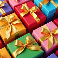 Colorful gift boxes with golden ribbons in a triangular shape, ribbon, triangle, holiday