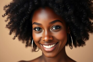 Wall Mural - Portrait of a Smiling Young Black Woman with Curly Hair and Natural Beauty