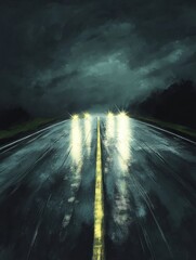 Poster - Night road illuminated by bright car lights showcasing rain soaked asphalt and dramatic clouds. Generative AI