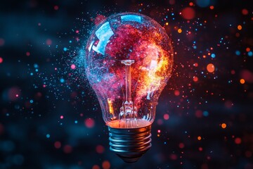 Wall Mural - Exploding lightbulb with vibrant, colorful nebula inside, sparks and bokeh effect.