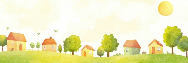 Aufkleber - Bright naive art style background showcases a colorful village landscape with houses under a sunny sky. Generative AI