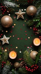 Wall Mural - Festive Christmas flat lay composition with golden ornaments, burning candles and natural pine branches creating magical holiday frame on dark green background