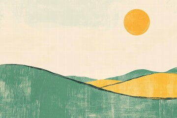 Aufkleber - Naive art style landscape with gentle hills and a bright sun over a calm background. Generative AI