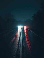 Poster - Bright streaks of car lights illuminate a dark night road with room for text. Generative AI