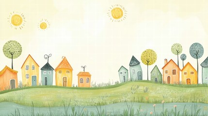Poster - Colorful naive art style landscape featuring charming houses and a vibrant sky in a tranquil setting. Generative AI