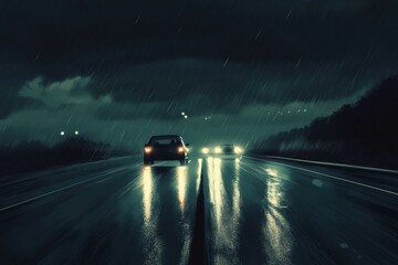 Poster - Bright streaks of car lights on a wet night road with dark clouds reflecting the stormy atmosphere. Generative AI