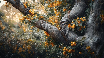 Twisted tree branch with yellow flowers.