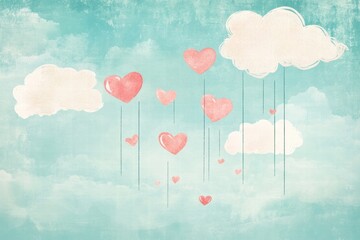 Leinwandbilder - Whimsical hand drawn Valentines Day design featuring hearts and clouds with ample space for text. Generative AI