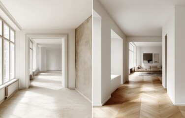 Poster - Before & after apartment renovation empty room transformed into modern living space with herringbone floors and natural light.