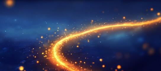 abstract glowing orange trail on dark blue background with sparkles.