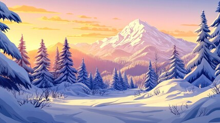 Majestic snow-capped mountain at sunset, viewed from a snowy forest.