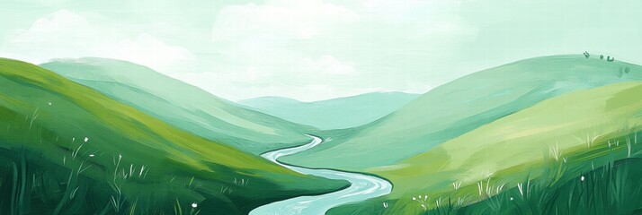Aufkleber - Serene landscape with rolling green hills and a winding river inviting creativity and calm for text placement. Generative AI