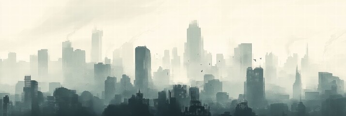Aufkleber - Dense smog blankets a sprawling city skyline at dusk creating a haunting urban atmosphere. Generative AI