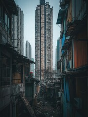 Aufkleber - Luxury skyscraper contrasts with rundown shacks in an urban landscape showcasing wealth and poverty. Generative AI