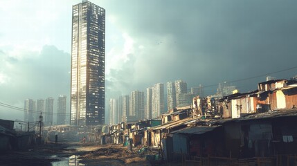 Aufkleber - Luxury skyscraper contrasts sharply with rundown shacks in an urban environment during overcast weather. Generative AI