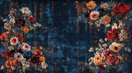 Canvas Print - Vibrant floral bouquets arranged on a textured dark blue background.