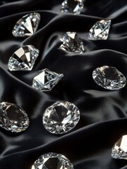 Poster - Large sparkling diamonds scattered on elegant black fabric with copy space for text or branding. Generative AI